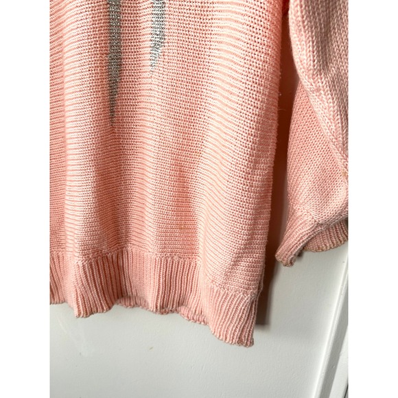 Vintage 80s pink Bow Pullover knit sweater Womens S shoulder pads silver duet - Picture 6 of 9